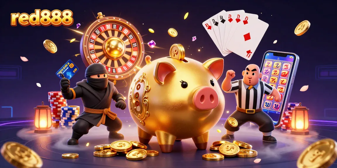 Experience thrilling wins at red888 with a golden sumo wrestler and dynamic casino elements!