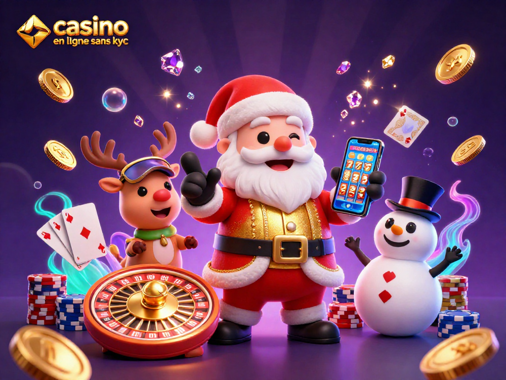Découvrez le casino en ligne sans KYC avec un Santa amical et ses amis dans une scène animée.