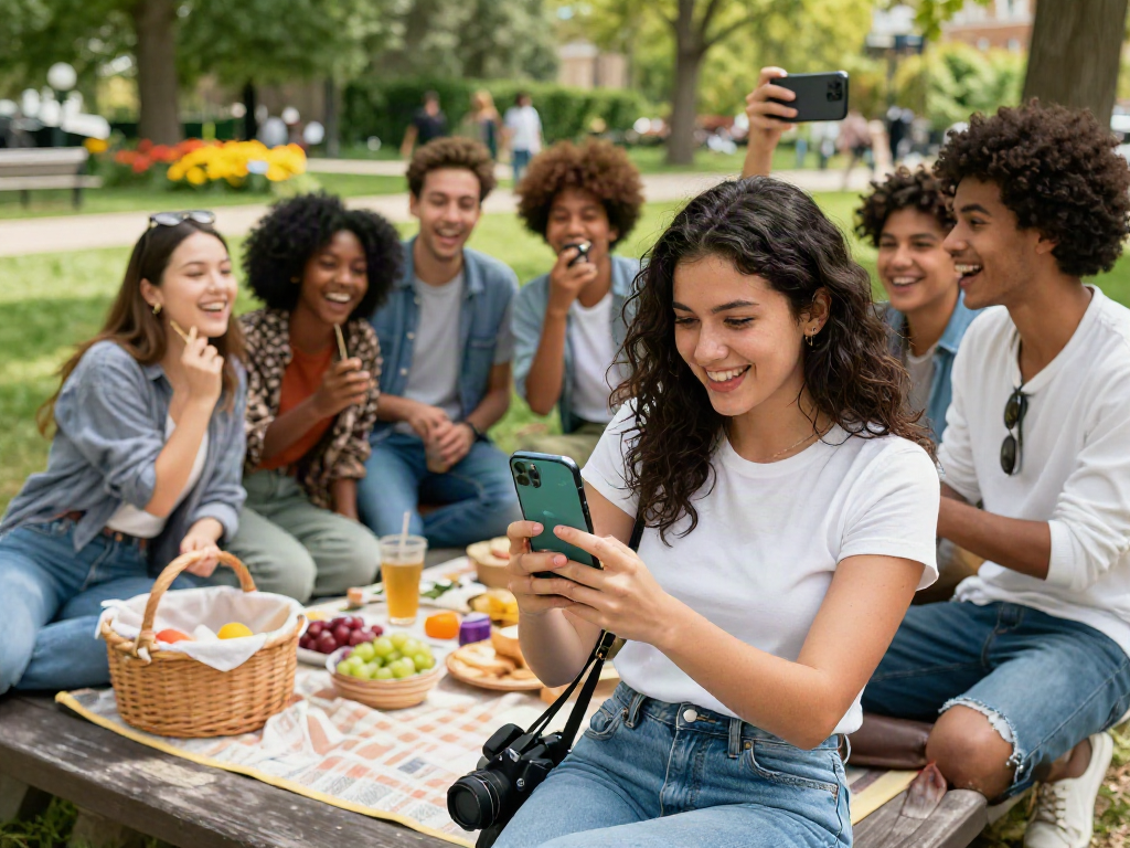 Young woman discovering how old do I look using AI age estimation app with friends in a sunny park.