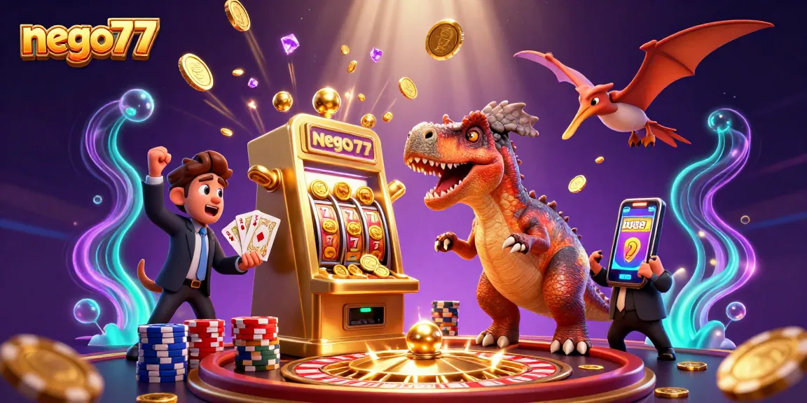 Experience the thrill of nego77 as a pachycephalosaurus hits a golden slot machine, showering coins everywhere.