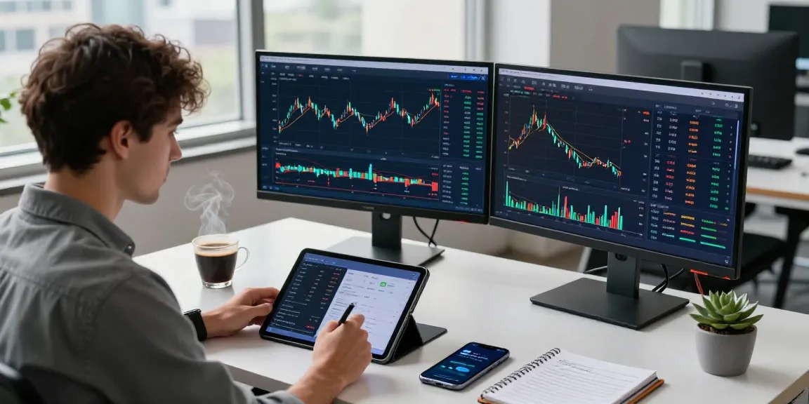 Engaged trader reviewing OKX crypto exchange reviews on multiple monitors in a modern office.