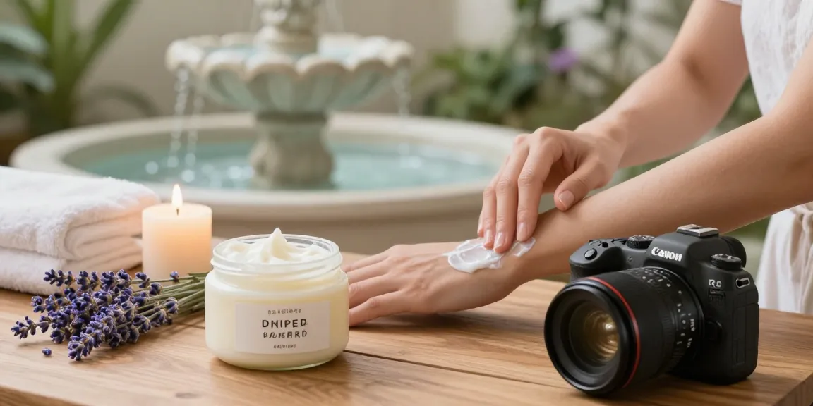 Applying De stress Whipped Body Butter in a calming spa setting with lavender and candles.