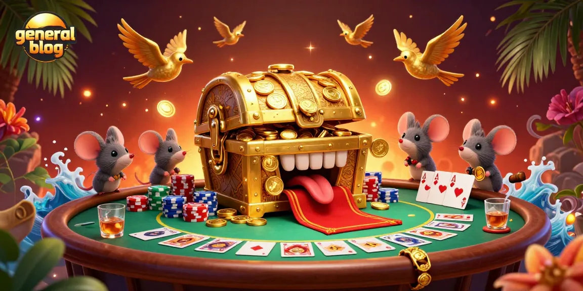 Play poker at the general blog with a cartoon treasure chest, casino chips, and vibrant details.