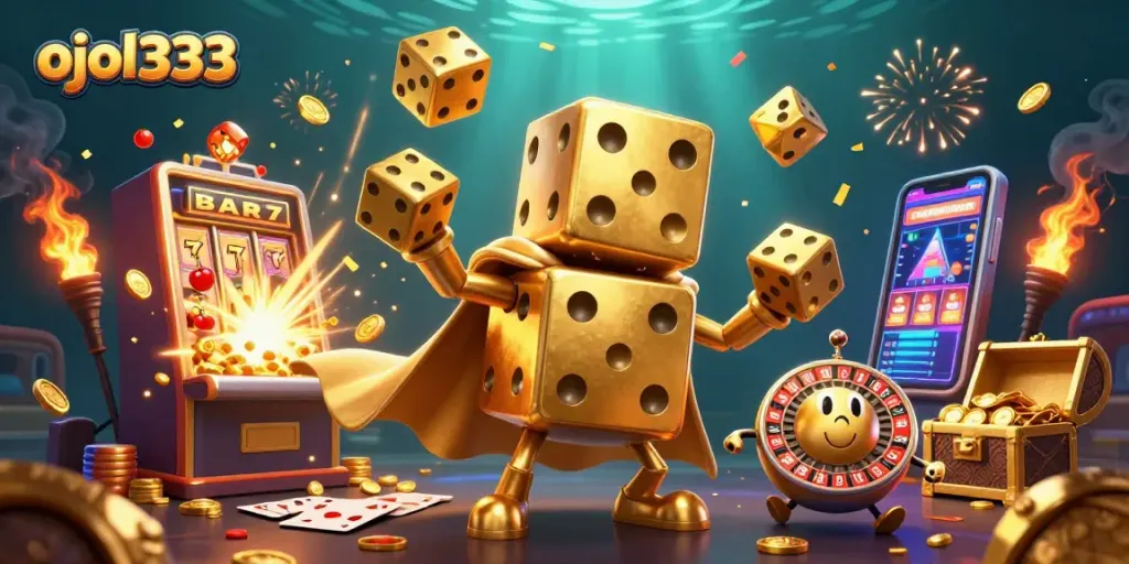 Experience the thrill of ojol333 with a dynamic casino illustration bursting with action and excitement.