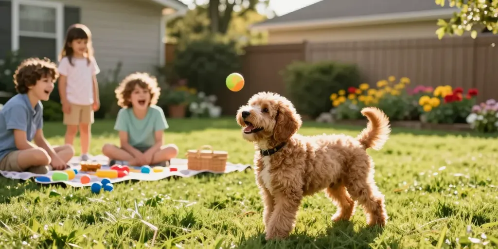Mini Australian Labradoodle puppy playing with children in a sunny backyard, showing family joy.