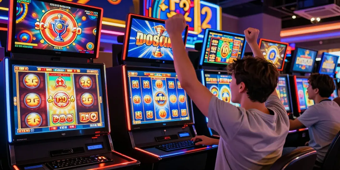Menampilkan pemain slot di Diana4D yang merayakan kemenangan besar dengan antusias, dikelilingi oleh grafis permainan slot yang colorful.