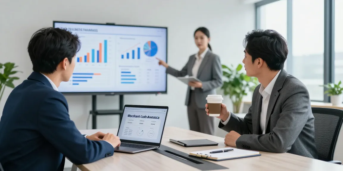 Exploring merchant cash advance rates with a financial analyst in a modern office setting.
