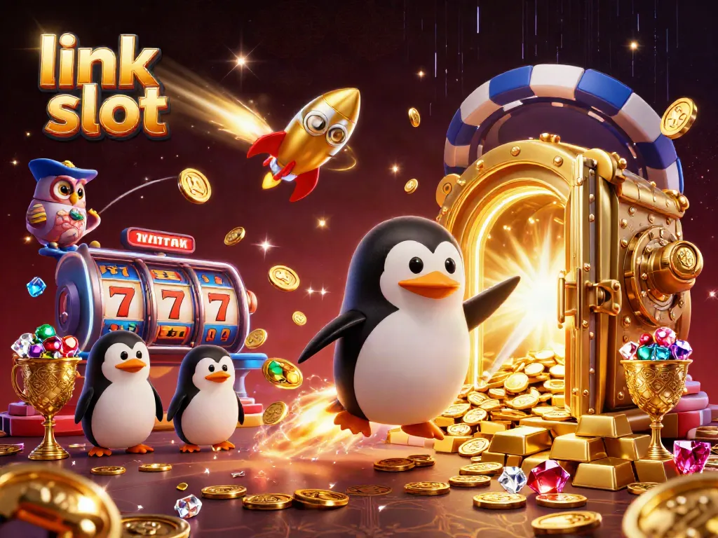 Permainan slot dari link slot menghadirkan penguin emas melawan jackpot dalam ilustrasi 3D yang memukau.
