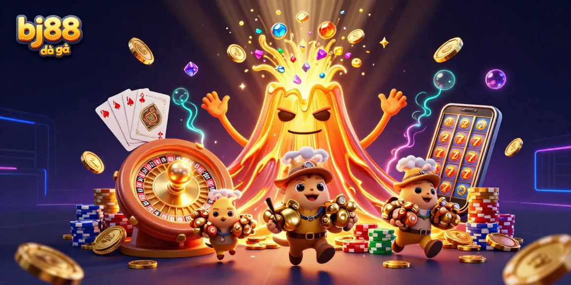 Engage in thrilling bj88 đá gà action with vibrant treasures erupting from a golden volcano.