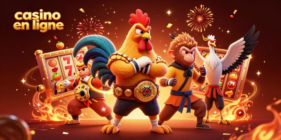 Jouez à des jeux captivants de casino en ligne avec un coq Muay Thai et des éléments de machines à sous.