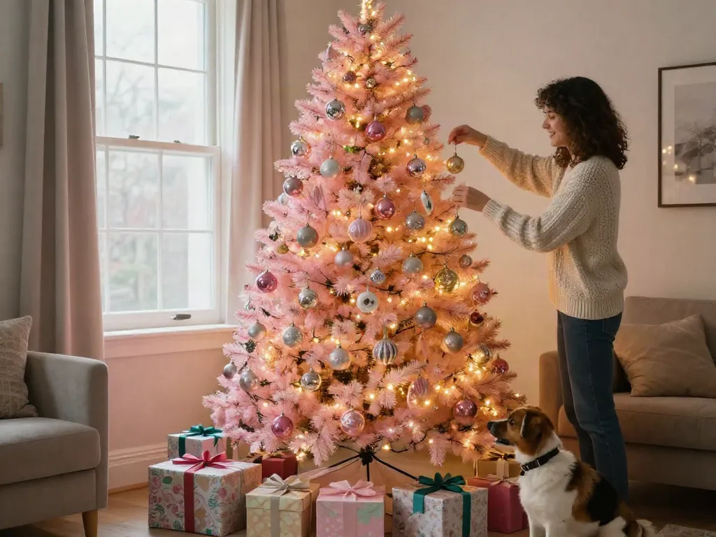 Festively decorated pink pre lit xmas trees in a cozy living room with family and pets.