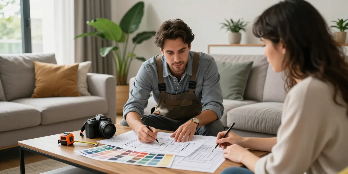 General contracting consultation with a client in a beautifully designed living room, showcasing professional teamwork.