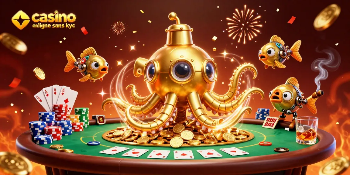 Illustration animée d'un kraken doré et de poissons mécaniques dans un casino, casino en ligne sans KYC
