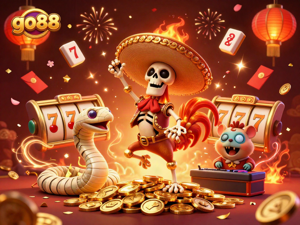 Experience exciting go88 gaming with a vibrant scene featuring a mariachi rooster and gaming elements.