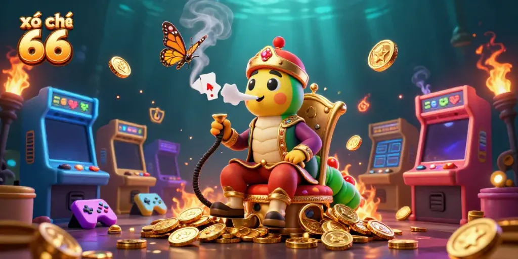 Engage with xổ số 66 through a vibrant 3D illustration depicting an enchanting caterpillar master surrounded by casino elements.