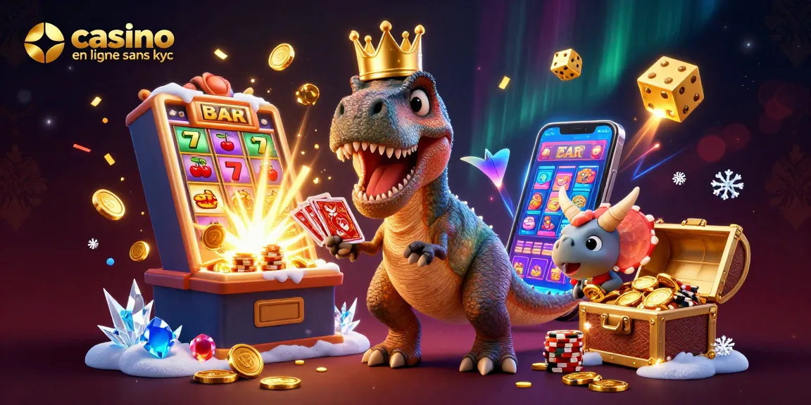 Jouez au casino en ligne sans KYC avec un T-Rex en couronne distribuant des cartes tout en gagnant des jetons d'or.
