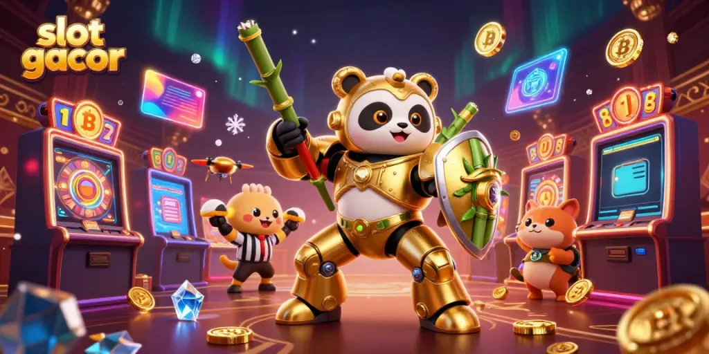 Experience the excitement of slot gacor with a golden panda in a vibrant gambling arena.