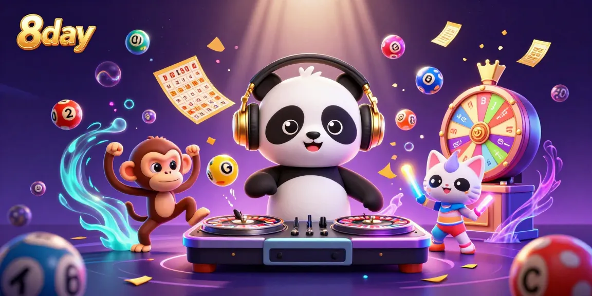 Engaging scene of 8day's DJ panda spinning roulette turntables with vibrant lottery balls, fostering a dynamic gambling atmosphere.