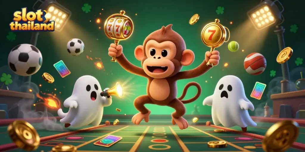 Engaging illustration showcasing slot thailand with vibrant symbols and playful characters in a casino atmosphere.