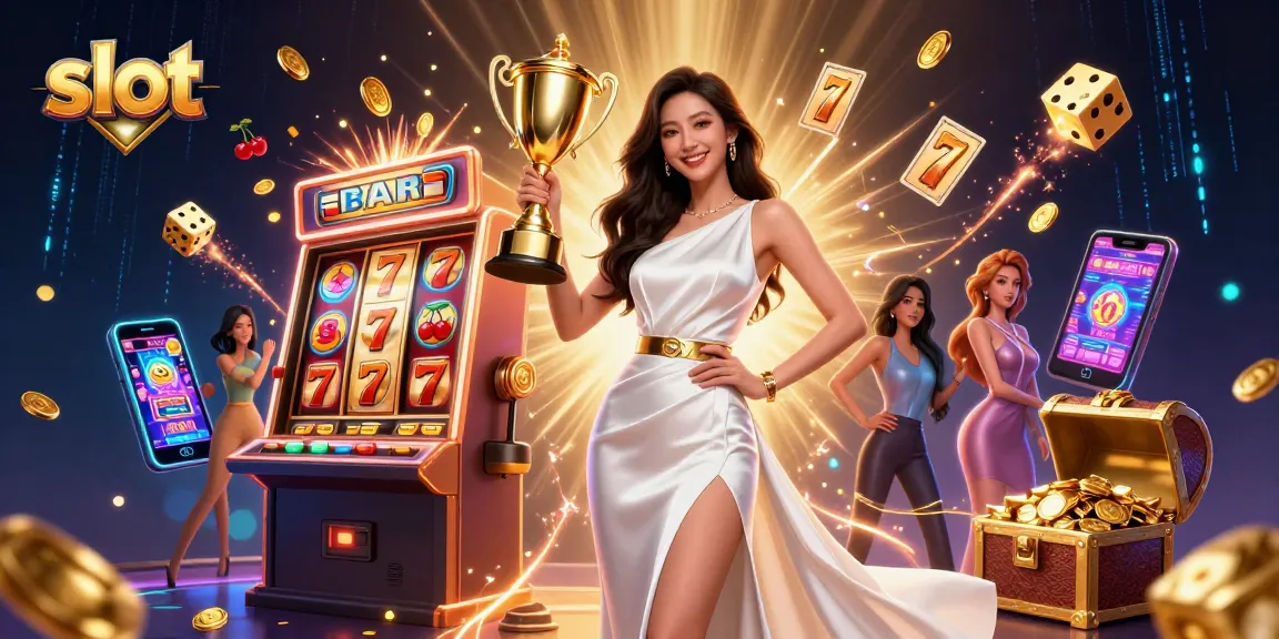 Experience thrilling slot wins with an Asian woman celebrating jackpot success amid dynamic casino elements