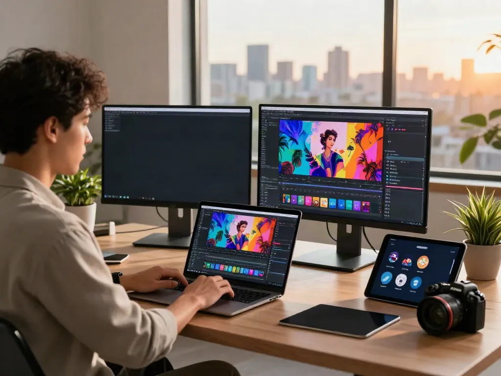 Creative workspace showcasing Typeshutter's AI image and video editing tools with vibrant visuals and warm light.