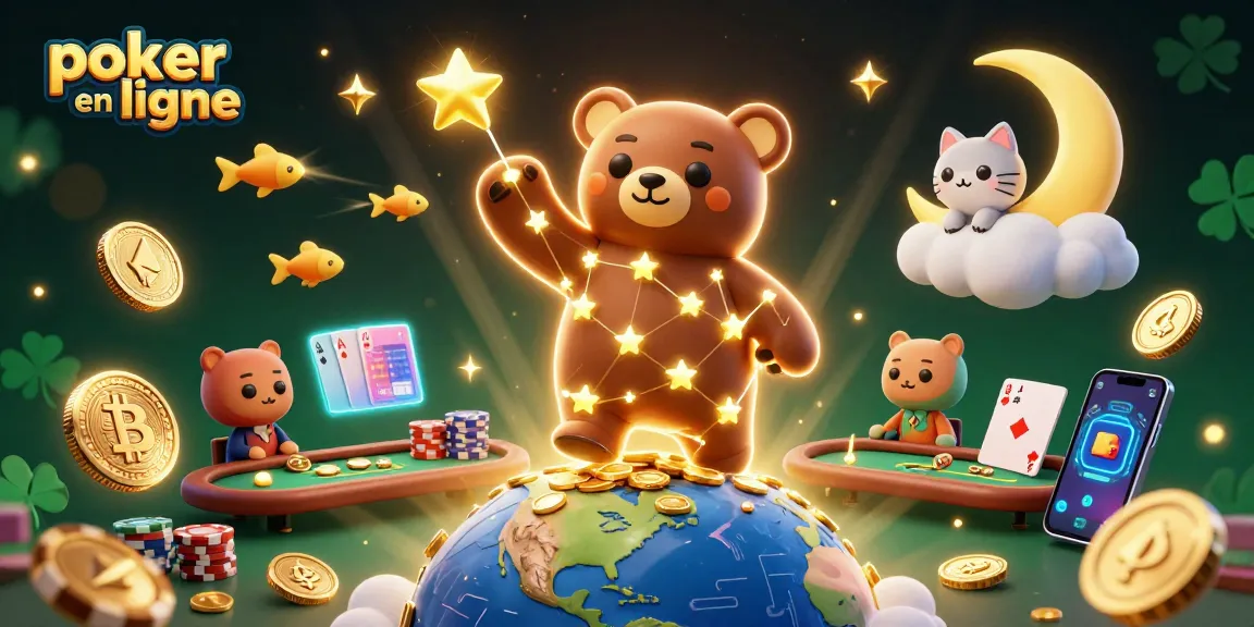 Jouer à poker en ligne avec un ours constellation et des éléments graphiques animés sur fond coloré.
