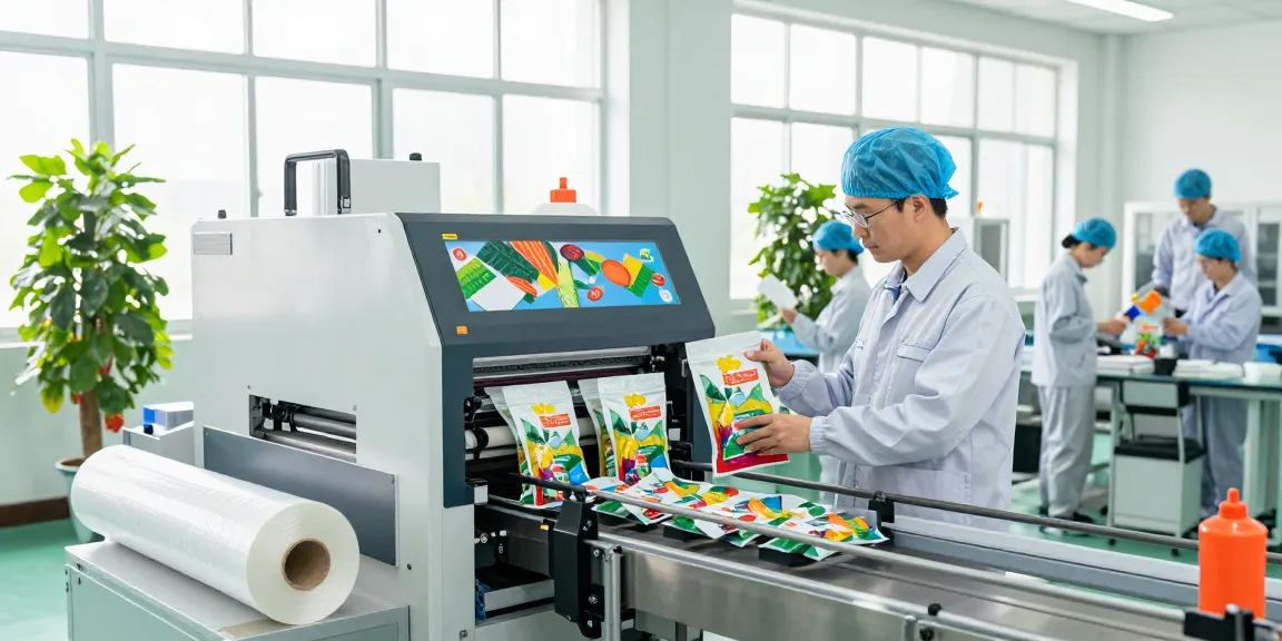 Flat bottom bags production line with eco-friendly materials in a modern facility.