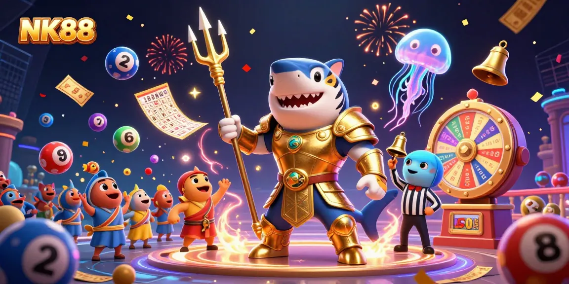 Experience excitement with NK88's animated lottery action featuring a dynamic shark gladiator scene.