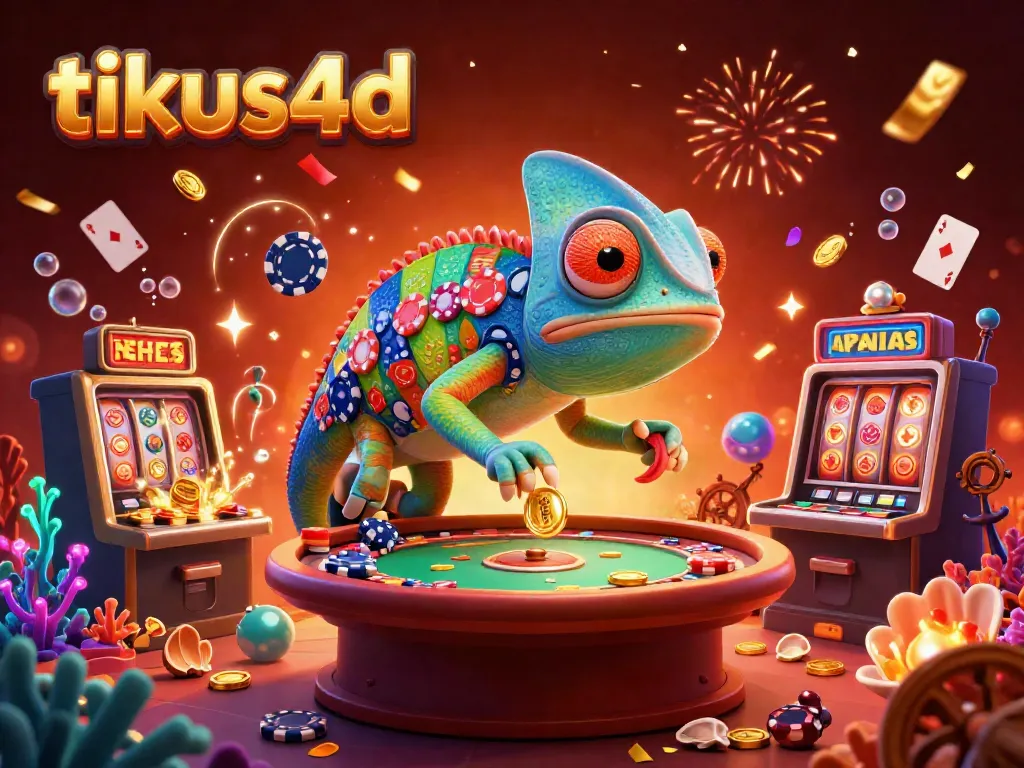 Engage with tikus4d as the vibrant chameleon casino owner captures golden coins while surrounded by colorful slot game gems.