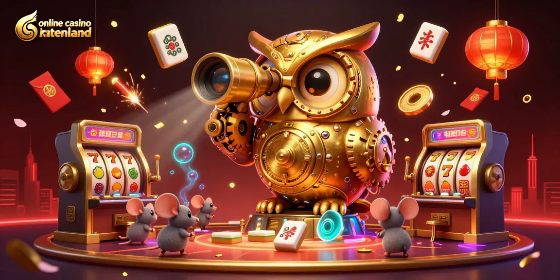 Engage with the vibrant scene of online casino buitenland featuring a clockwork owl and joyful casino elements.