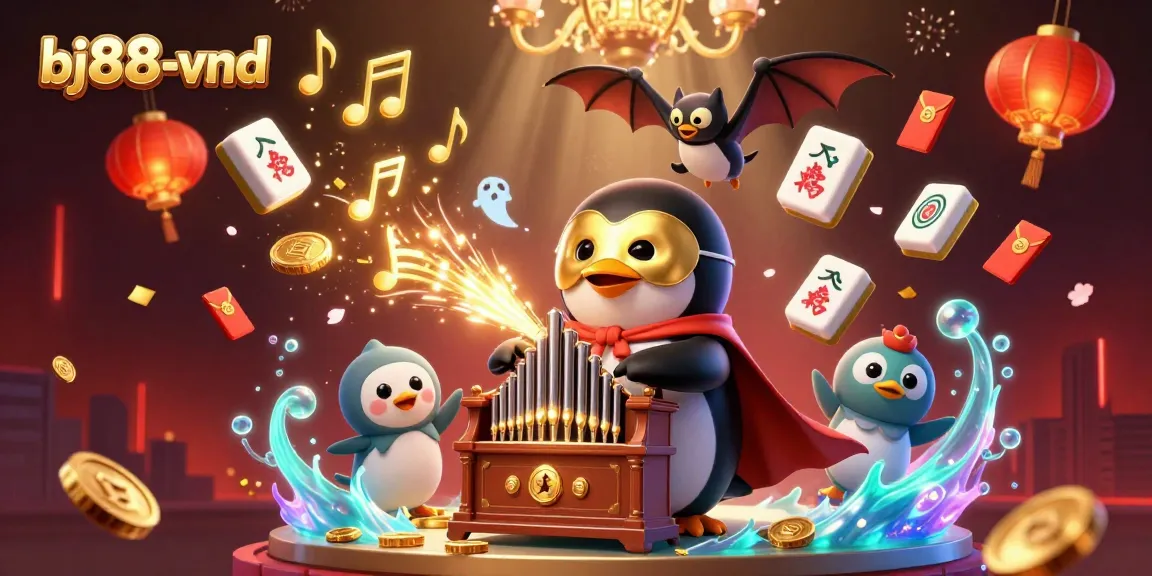 Experience vibrant gaming at bj88-vnd featuring a lively phantom penguin and festive elements.
