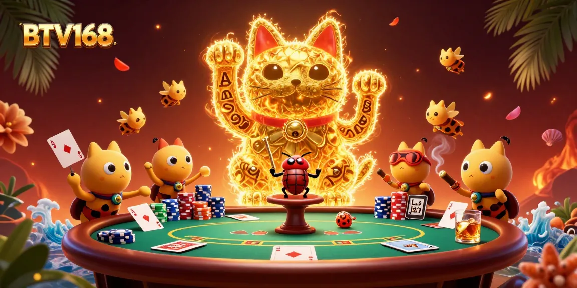 BTV168 captures the excitement of poker with a lucky cat waving, surrounded by colorful chips and cards.