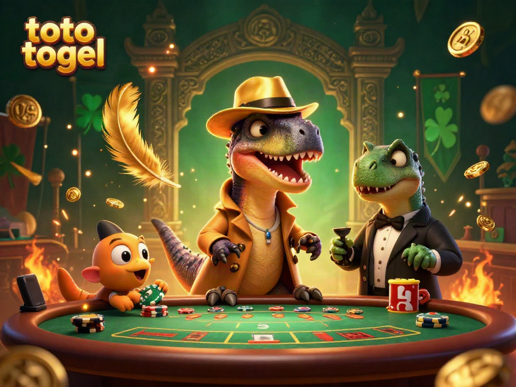 Engage in exciting toto togel gaming with a cunning velociraptor at a vibrant casino.