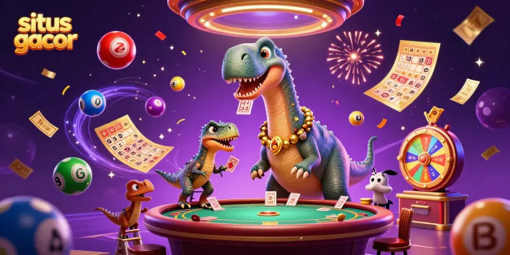 Menghadirkan situs gacor dengan brontosaurus 3D dan raptor yang sedang bermain kartu serta bola lotere berwarna-warni