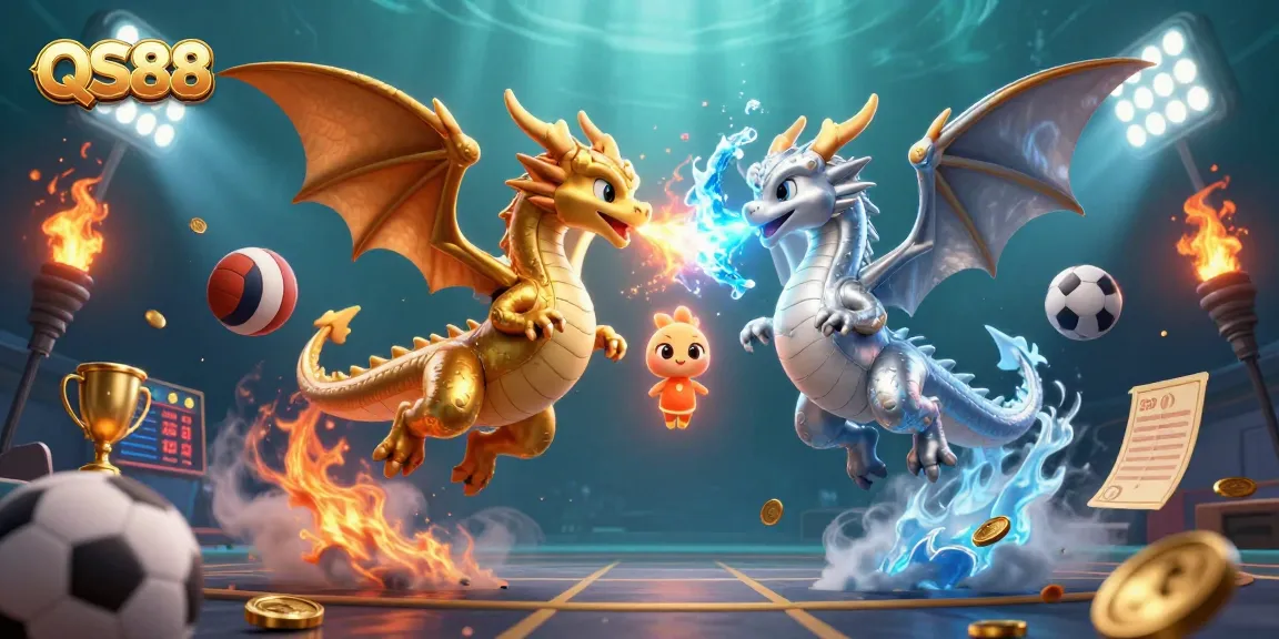 Bet on the thrilling QS88 platform featuring dynamic dragons and vibrant gaming elements.