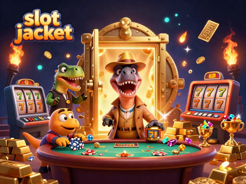 In this vibrant scene, a velociraptor card counter and other characters engage with the thrilling slot jackpot atmosphere.