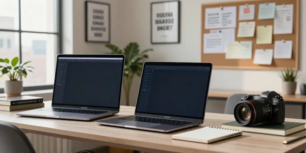 AI copywriting workspace with writer at desk, monitors showing content, and inspirational decor.
