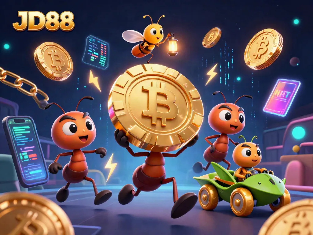 JD88 ants steal a giant poker chip in a vibrant casino heist scene filled with crypto elements.