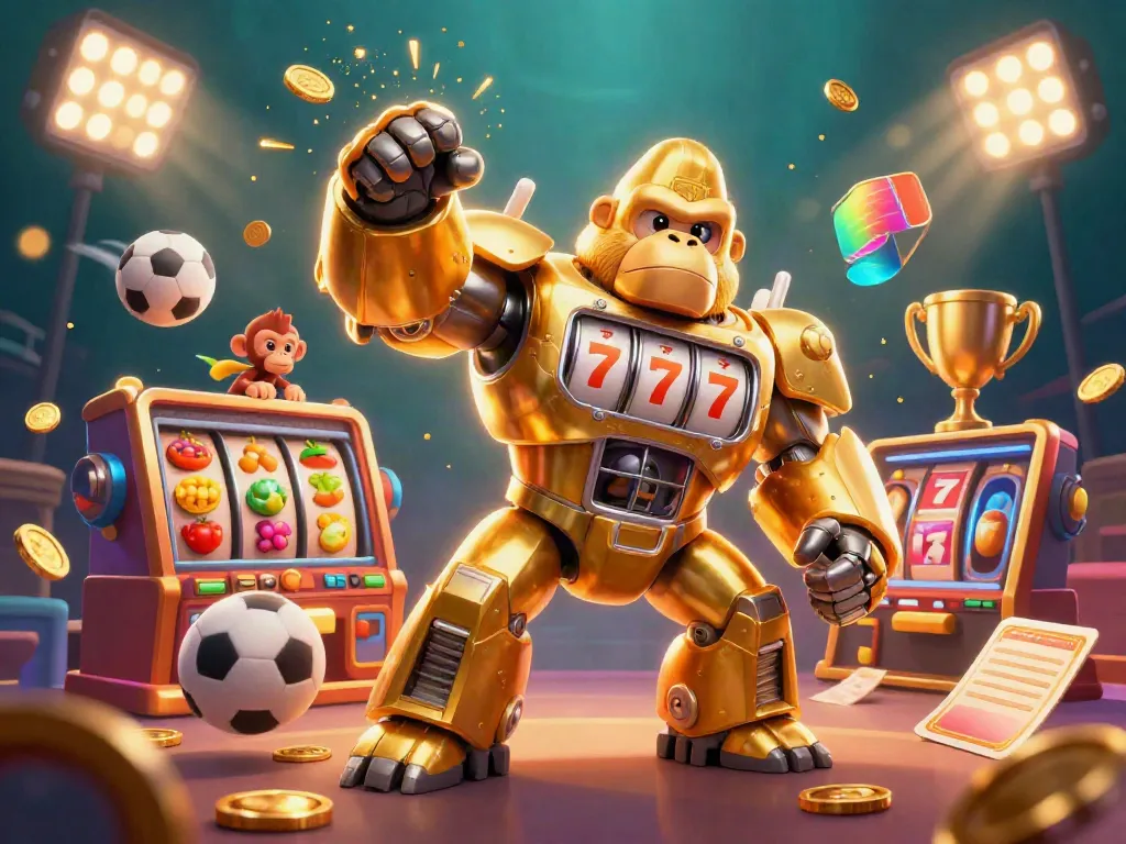 Gorila emas mekanik berkonsep slot menampilkan Toto Slot dengan elemen judi dinamis.