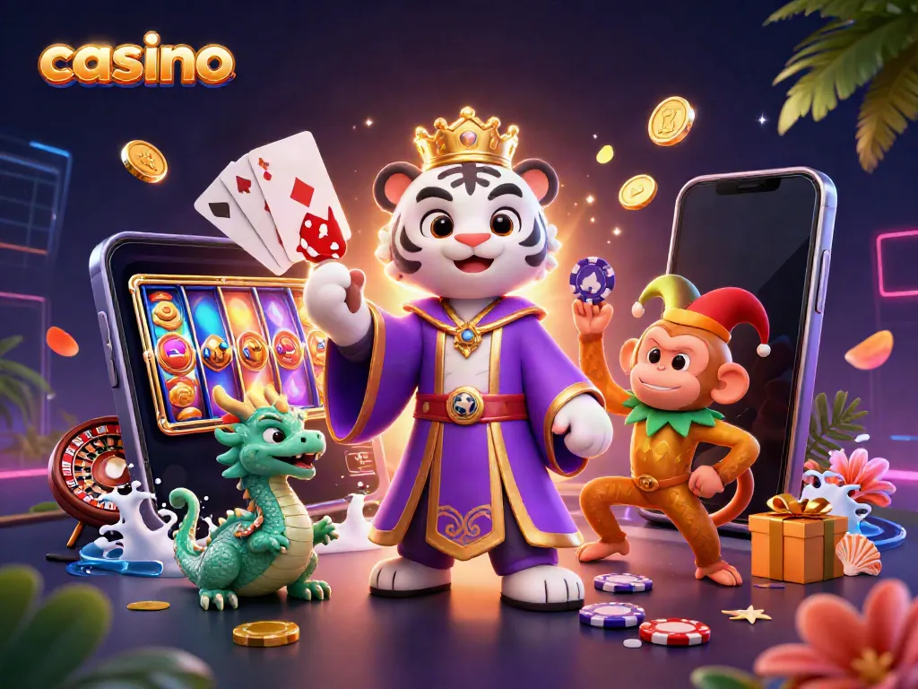 Engage with dynamic casino gameplay featuring a cartoon tiger and monkey among spinning slots and golden coins.