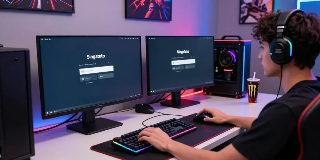 Player using Singatoto login on a gaming setup with multiple screens and colorful RGB lighting.
