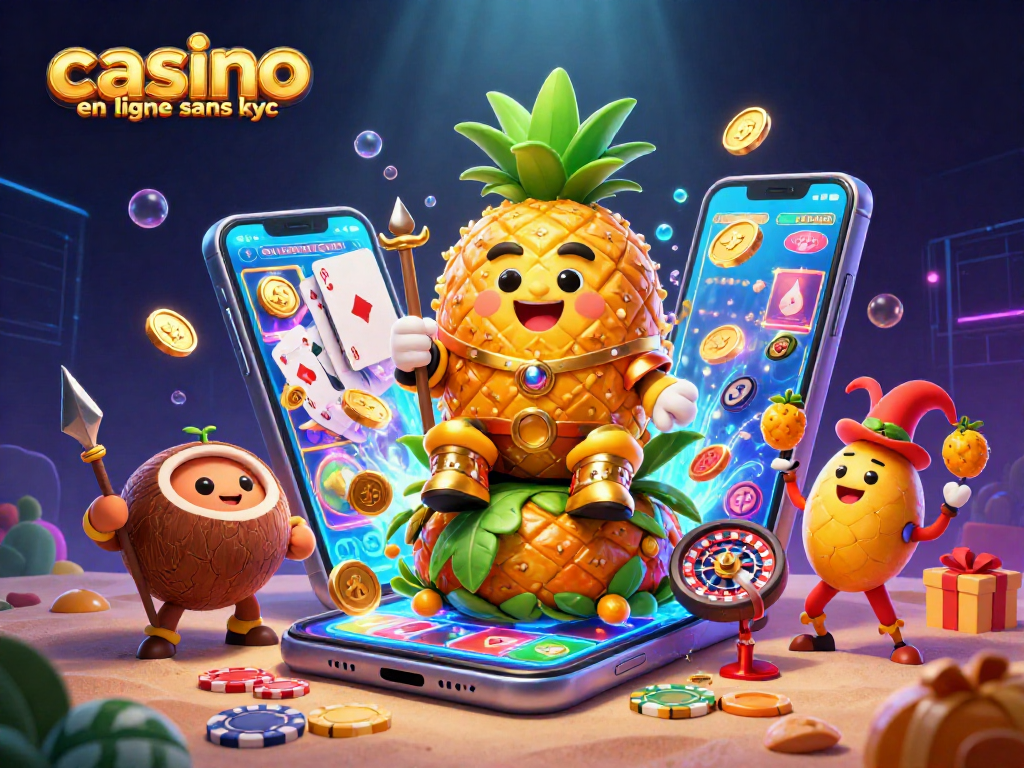 Célébrez le casino en ligne sans KYC avec un roi ananas 3D et ses gardes sur une plage de casino.