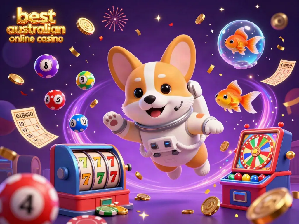 Experience the excitement at the best australian online casino with a 3D corgi and lottery elements floating in a vibrant scene.