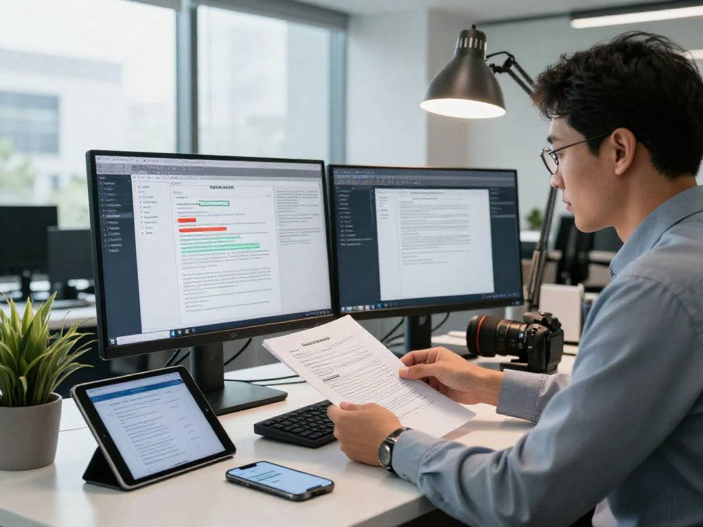 Compliance officer reviewing documents with AI software for document fraud detection in a modern office.