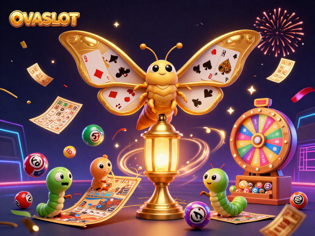 Engage with OVASLOT's vibrant casino world through a fantasy scene featuring golden moths and lottery elements
