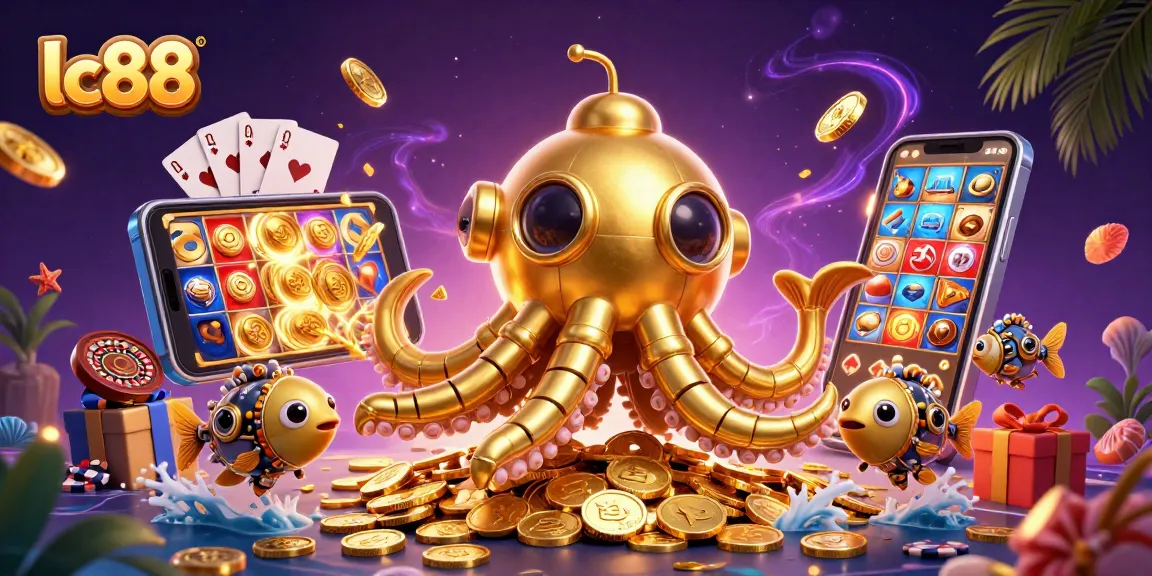 Spin the reels and win big with lc88, a vibrant 3D casino-themed digital illustration.