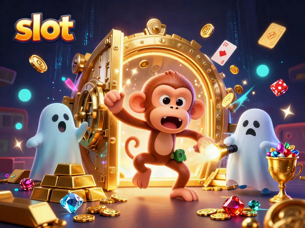 Experience thrilling slot action in this vibrant casino scene with golden treasures and playful characters.