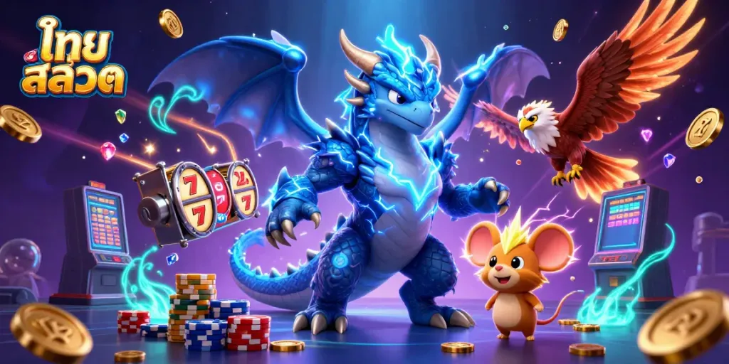 Experience exhilarating ไทย สล็อต adventures with a dynamic illustration showcasing vivid characters and casino elements.