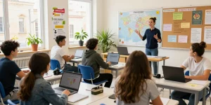 Cursos de inglés en Malta, aula vibrante con estudiantes internacionales aprendiendo con un profesor entusiasta.