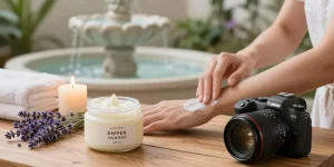 Applying De stress Whipped Body Butter in a calming spa setting with lavender and candles.